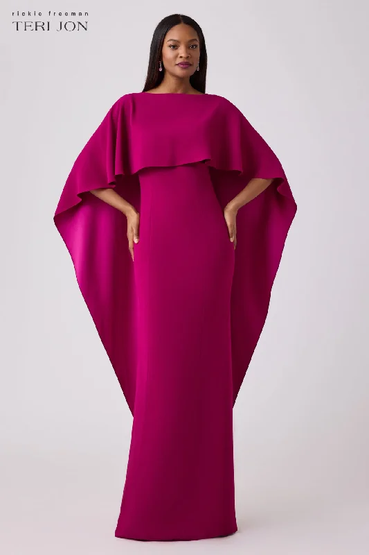 women's stylish dressesFormal Crepe Gown With Satin Back Capelet