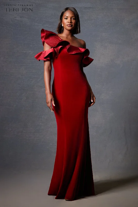 women's fashionable dressesVelvet Trapunto Ruffle Asymmetrical Gown