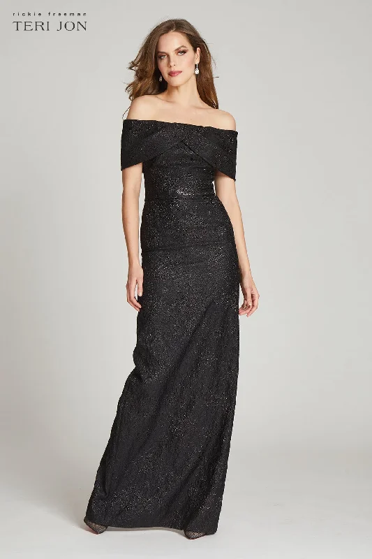 women's everyday dressesJacquard Off The Shoulder Portrait Column Gown