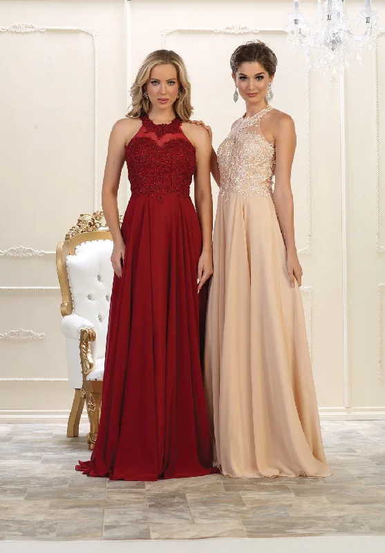 Metallic DressLA Merchandise LA1557 Halter A Line Open Back Wholesale Formal Dress