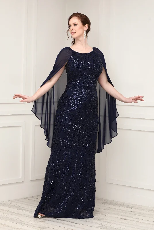 women's business casual dressesNavy Beaded Sequin Lace Cape Sleeve Evening Gown - Formal Gown women's business casual dressesNavy Beaded Sequin Lace Cape Sleeve Evening Gown - Formal Gown