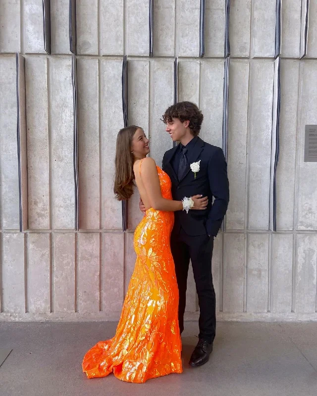 women's maximalist dressesOrange Backless Prom Dress, Orange Mermaid Prom Gown Y2247