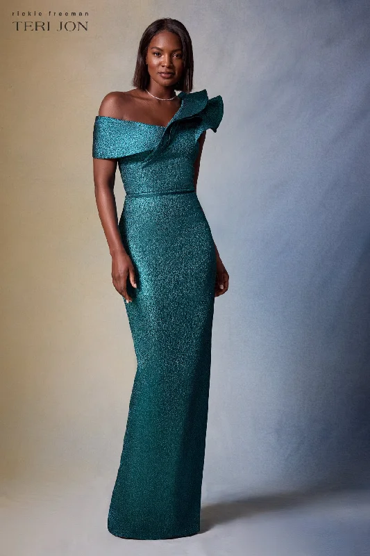 women's trendy dressesMetallic Jacquard Asymmetrical Ruffle Gown