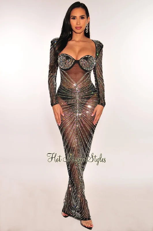 women's lace-up dressesBlack Mesh Rhinestone Padded Cut Out Back Long Sleeve Gown