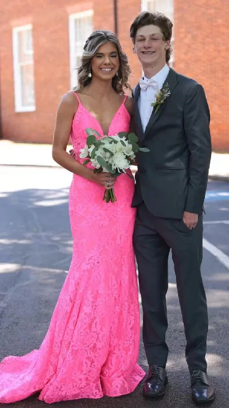 Bell-Sleeve DressChic Pink V Neck Mermaid Prom Dress,Lace Prom Gown,Pink Graduation Dress Y2235