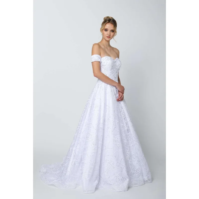 Fit-And-Flare DressLa Merchandise LAT692B White Lace Bridal Ball Gown Removable Sleeve