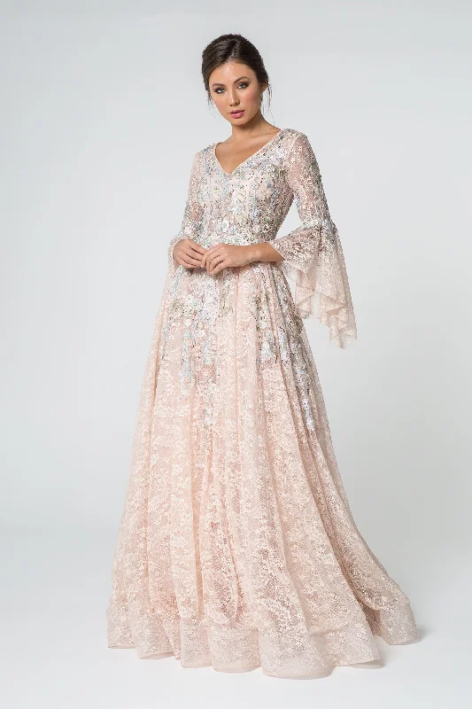 Tulle DressLa Merchandise LAS1592 Vintage Pearl Long Sleeve Lace A-Line Long Gown