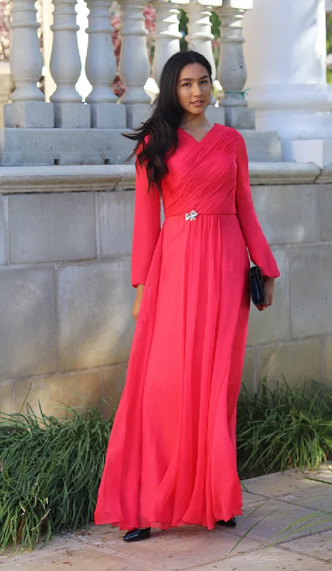 Denim DressSaba Long Sleeve Silk Chiffon Modest Muslim Formal Evening Dress - Coral Pink - FINAL SALE Denim DressSaba Long Sleeve Silk Chiffon Modest Muslim Formal Evening Dress - Coral Pink - FINAL SALE