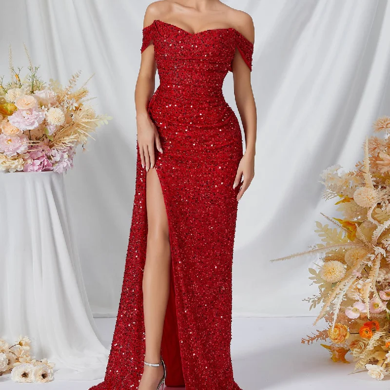 women's sheath dressesRed Sequined High Slit Gown