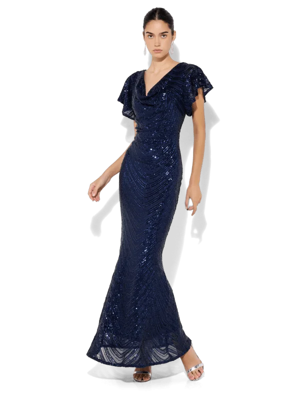 women's satin dressesAnova Navy Sequin Gown