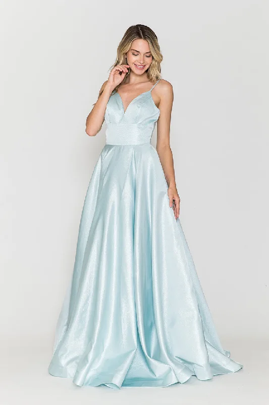 Denim DressLa Merchandise LAY8358 V-Neck Spaghetti Straps Long Simple A-Line Gown