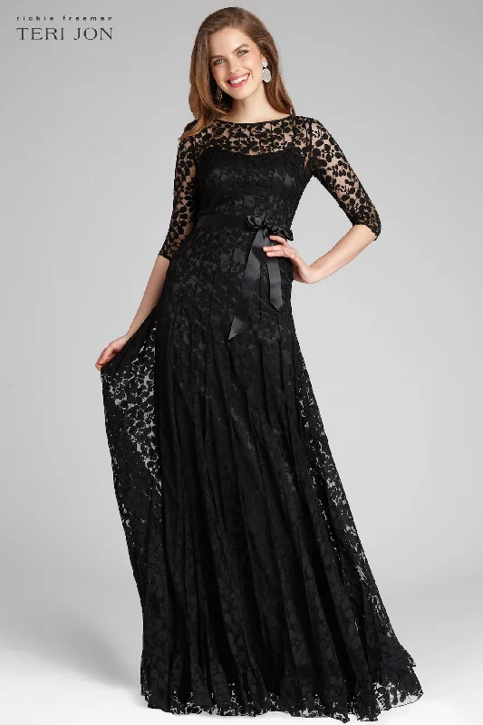 women's retro dresses3/4 Sleeve Lace Illusion Gown with Bow