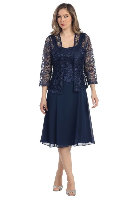 Scoop-Neck DressLa Merchandise SF8485 Lace Knee Length Mother of Bride Dress w/ Jacket Scoop-Neck DressLa Merchandise SF8485 Lace Knee Length Mother of Bride Dress w/ Jacket