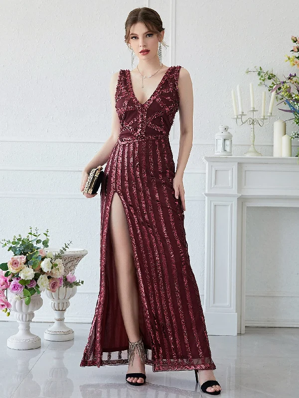 Petite DressBurgundy Elegant Sequined Formal Gown