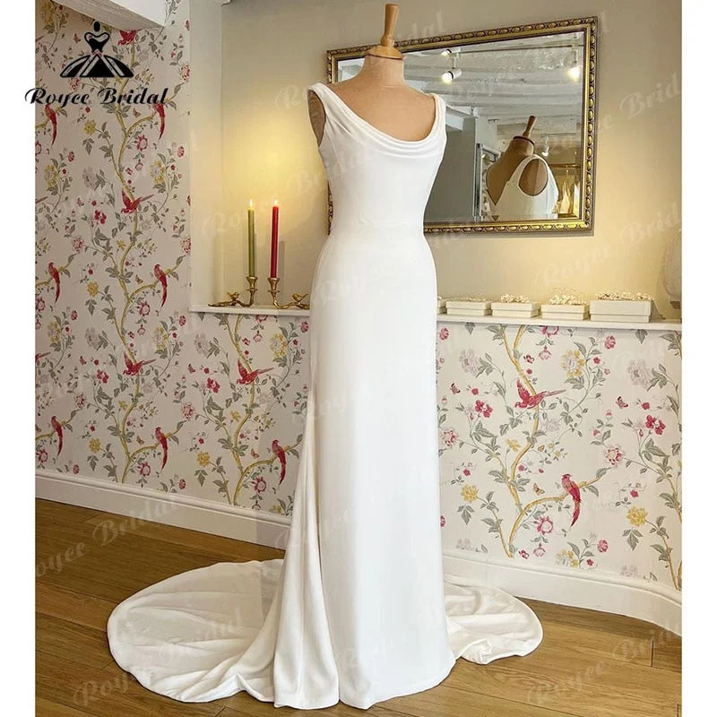 Zipper DressRoycebridal Mermaid/Trumpet Boho Sleeveless Wedding Dress Scoop Neck Beach Sweep Beach Off White Soft Satin vestido de boda corte sirena