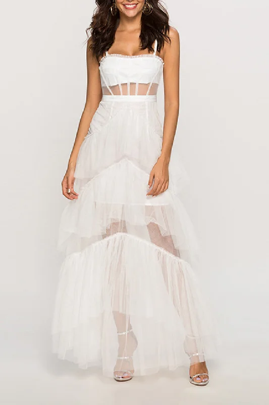 women's designer dressesBoho Chic Sheer Corset Sleeveless Tiered Ruffle Tulle Evening Maxi Dress women's designer dressesBoho Chic Sheer Corset Sleeveless Tiered Ruffle Tulle Evening Maxi Dress