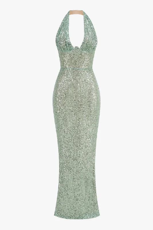 Evening DressGlitter Ruched Plunge Halter Bodycon Sequin Mermaid Evening Maxi Dress
