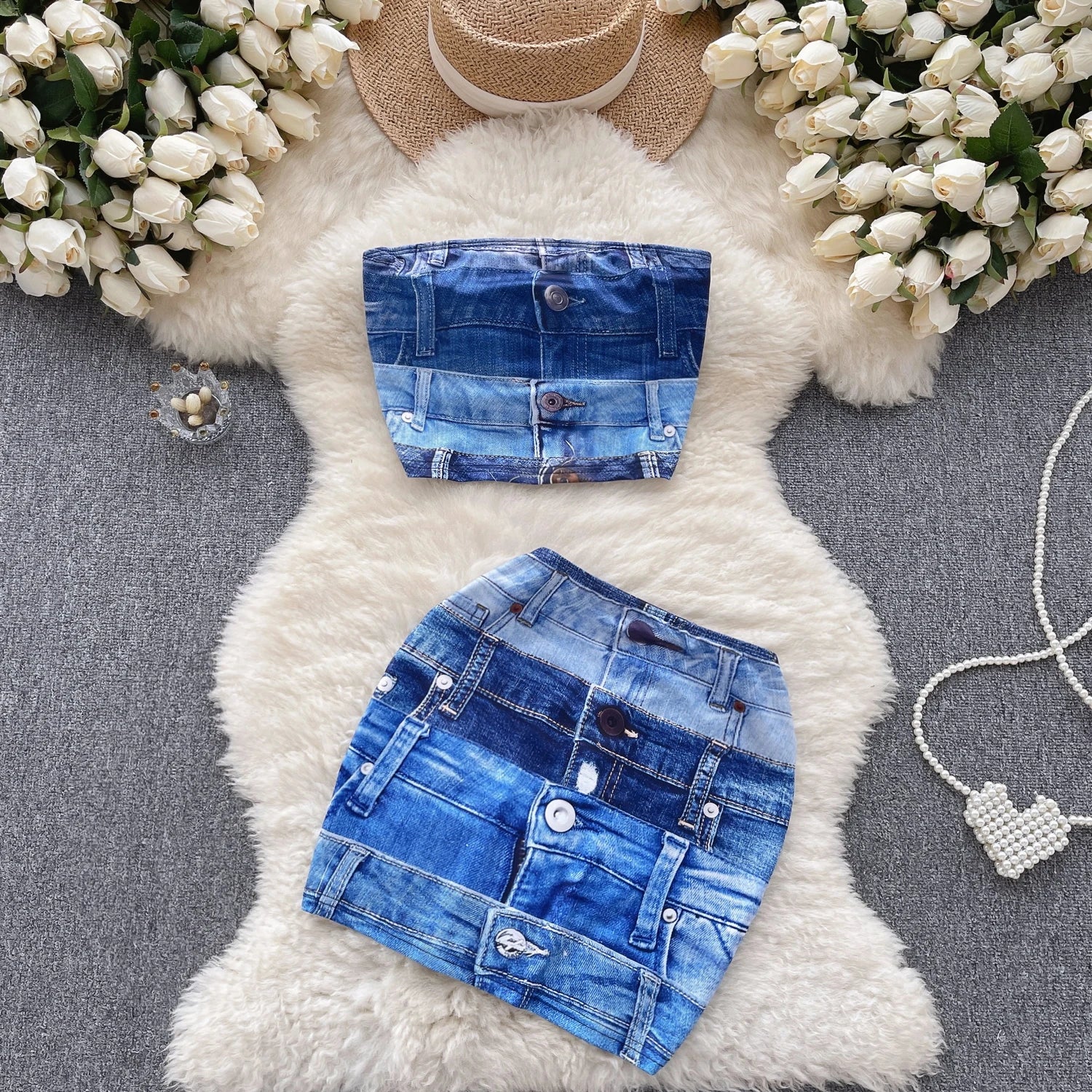 Premium Men's JeansDesire Spice Girl Imitation Denim Suit Female French Strapless Vest Premium Men's JeansDesire Spice Girl Imitation Denim Suit Female French Strapless Vest