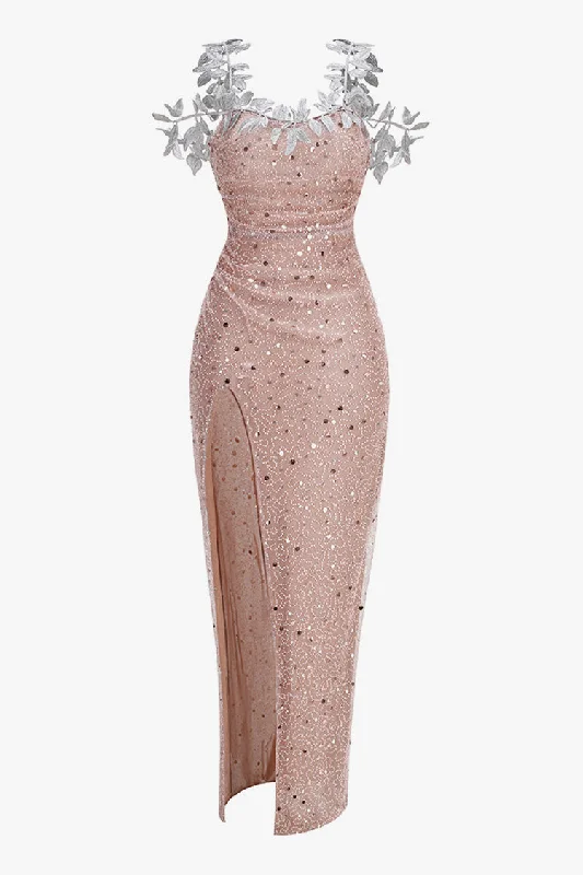 Party DressSexy Leaf Cold Shoulder Embellished Sequin Mesh Split Evening Maxi Dress Party DressSexy Leaf Cold Shoulder Embellished Sequin Mesh Split Evening Maxi Dress