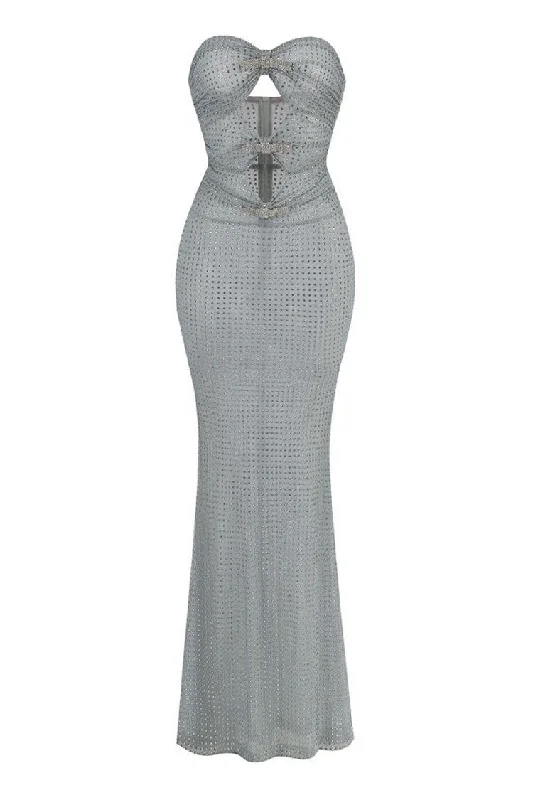 Jersey DressShiny Crystal Bow Cutout Strapless Sheer Mesh Mermaid Evening Maxi Dress
