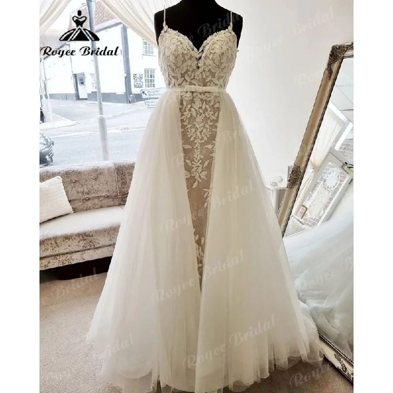 Short-Sleeve DressRoycebridal Vintage Mermaid/Trumpet Lace Appliques V Neck Spaghetti Straps Wedding Dress with Detachable Train vestidos Sexy