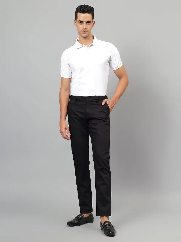 Men's Pants with Belt LoopsMen's Black Self-Design Non-Pleated Casual Trouser