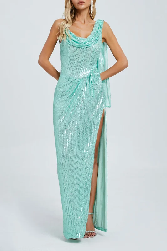 women's stylish dressesGoddess Cowl Neck Ruched Drop Waist High Slit Sequin Evening Maxi Dress women's stylish dressesGoddess Cowl Neck Ruched Drop Waist High Slit Sequin Evening Maxi Dress