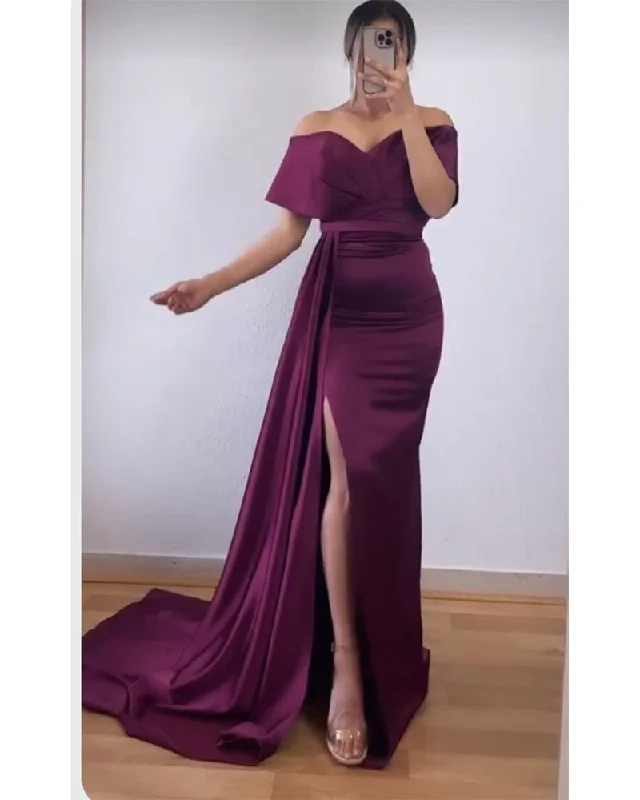 A-Line DressPlum Purple Fitted Long Evening Party Dress with Slit,Off the Shoulder Formal Wedding Bridesmaid Gowns with Train PL2819