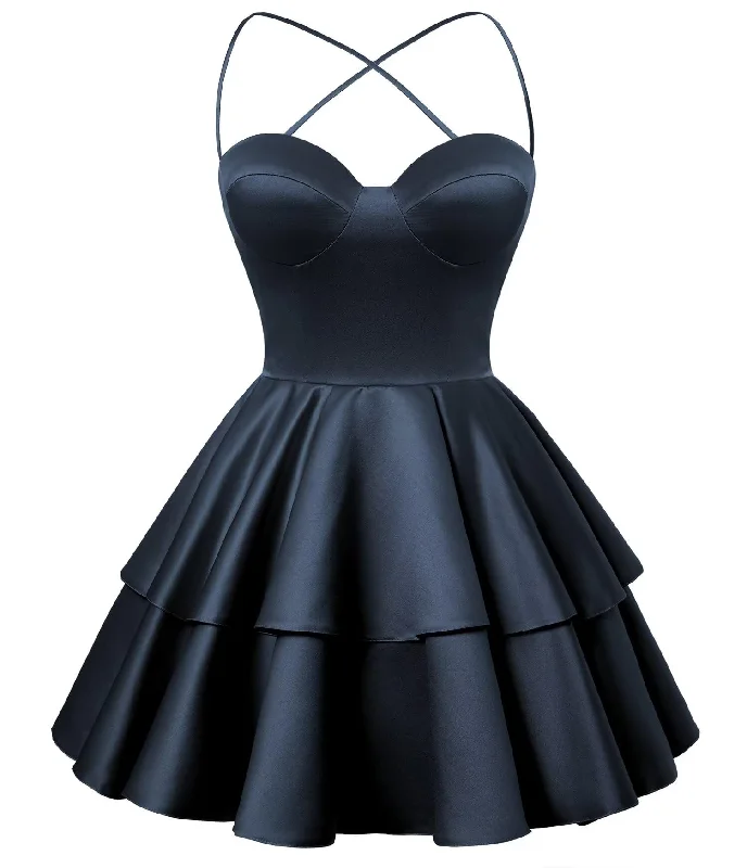 Tea-Length DressNavy Blue Satin Homecoming Dress Sweetheart Neck Tiered Short Graduation Dresses Tea-Length DressNavy Blue Satin Homecoming Dress Sweetheart Neck Tiered Short Graduation Dresses