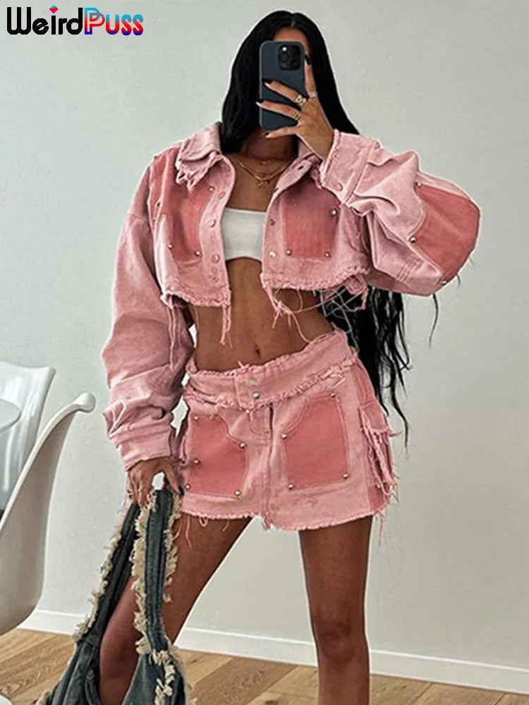 Jeans for Men with Skinny LegsWeird Puss Y2K Denim Women 2 Piece Set Cool Hipster Single-Breasted Jacket+Peach Hip Skirts Pocket Matching Streetwear Outfits