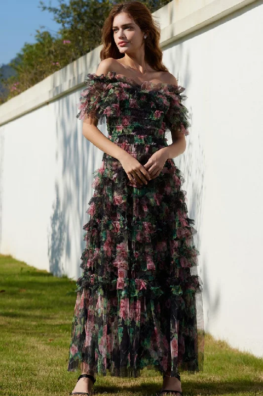 Sweetheart Neckline DressRomantic Ruffle Off Shoulder Floral Printed Tulle Evening Maxi Dress - Black Sweetheart Neckline DressRomantic Ruffle Off Shoulder Floral Printed Tulle Evening Maxi Dress - Black