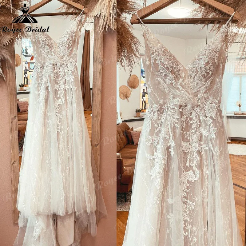 women's bespoke dressesRobe Boho Champagne Lace Bohemian Backless Wedding Dress Beach V Neck 2025 Appliques Spaghetti Straps Bridal Gowns Custom Made