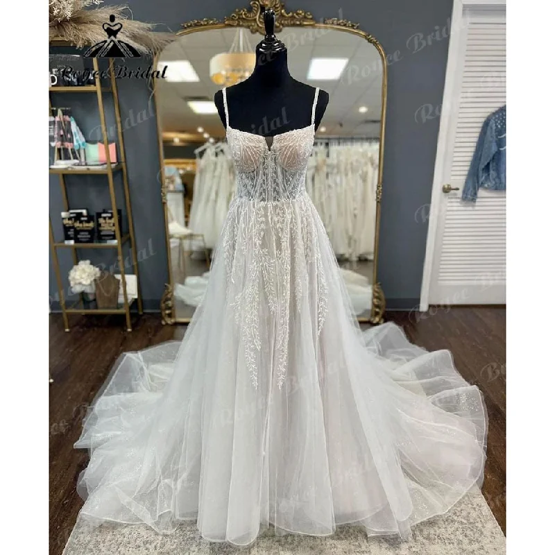 Shift DressRoycebridal Roycebridal 2025 Lace Appliques Lace Shiny Glitter Spaghetti Straps Wedding Dress for Women Custom Made Court Train Backless
