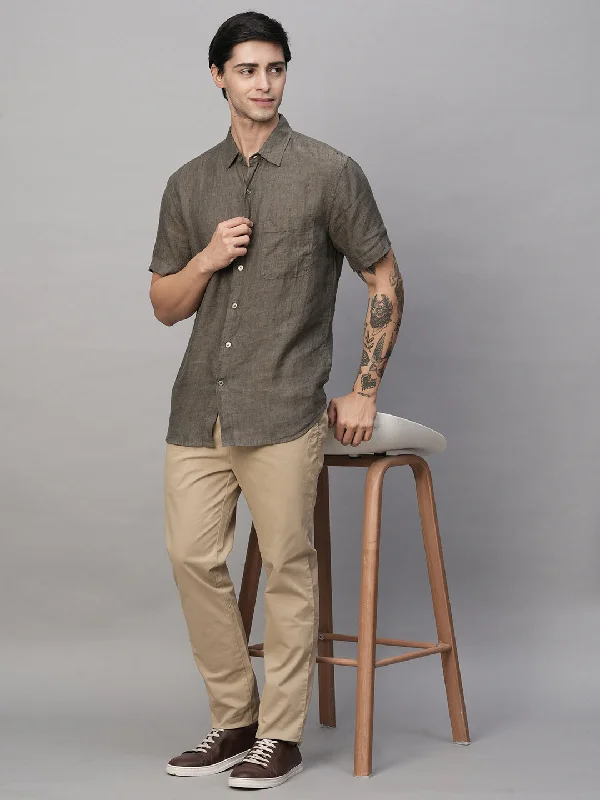 Men's Pants with Embroidered DesignsMen's Olive 100% Linen Regular Fit Shirt