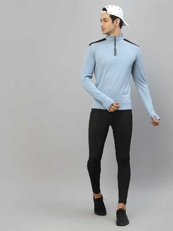 Men's Three-Quarter Sleeved TopsJUMP USA Outdoor Men Cashmere Blue & Black Rapid-Dry Solid T-Shirts Men's Three-Quarter Sleeved TopsJUMP USA Outdoor Men Cashmere Blue & Black Rapid-Dry Solid T-Shirts