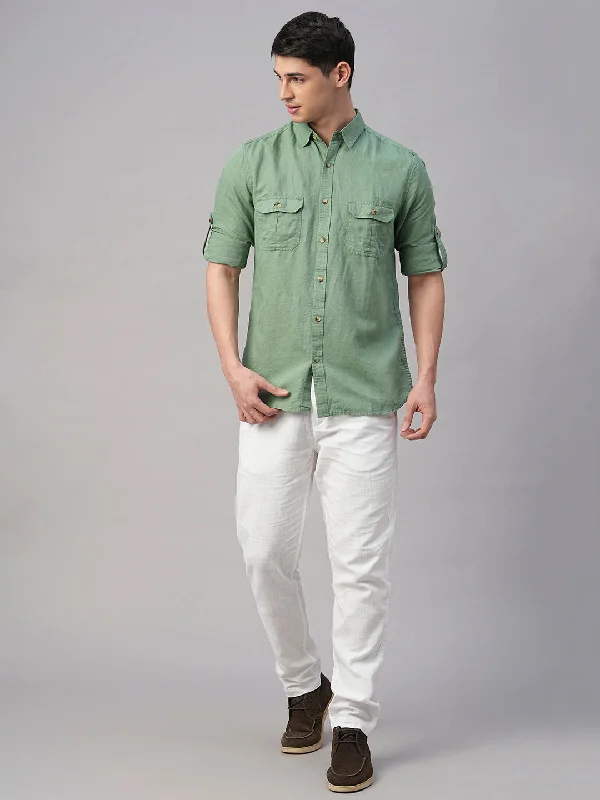Versatile Men's ShortsMen's Green Linen Cotton Regular Fit Shirt