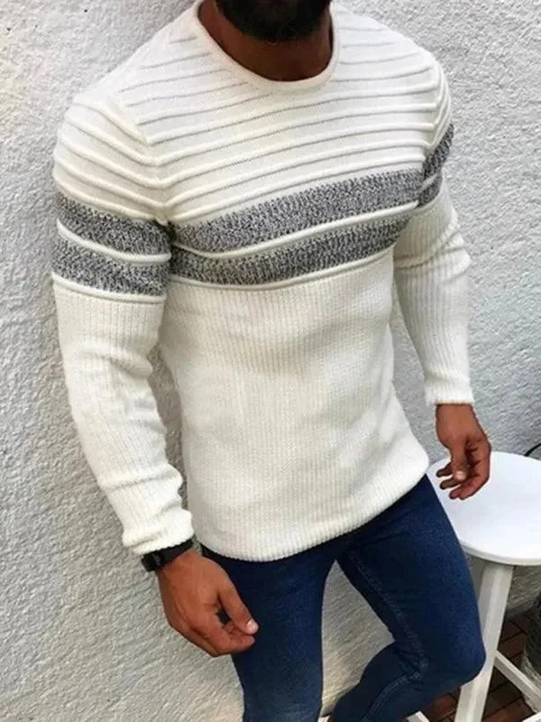 Men's Sweaters with Contrast TrimStriped Crew Neck Men Pullover Sweater