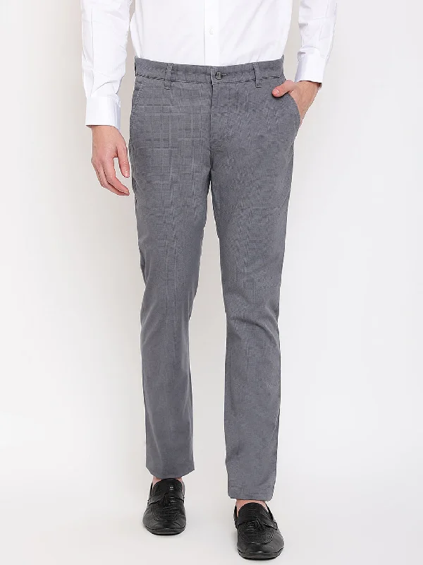 Warm Men's Fleece-Lined PantsMen's Casual Flat front Dark Grey Checks Trousers