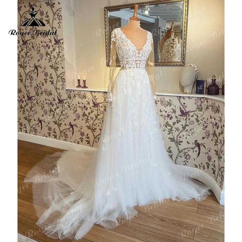 Embellished DressRobe De Mariee Mariage Wedding Dress Long Sleeve Lace Applique V Neck Sweep Train Bridal Gowns 2022 Robe Civil vestidos de novia Embellished DressRobe De Mariee Mariage Wedding Dress Long Sleeve Lace Applique V Neck Sweep Train Bridal Gowns 2022 Robe Civil vestidos de novia
