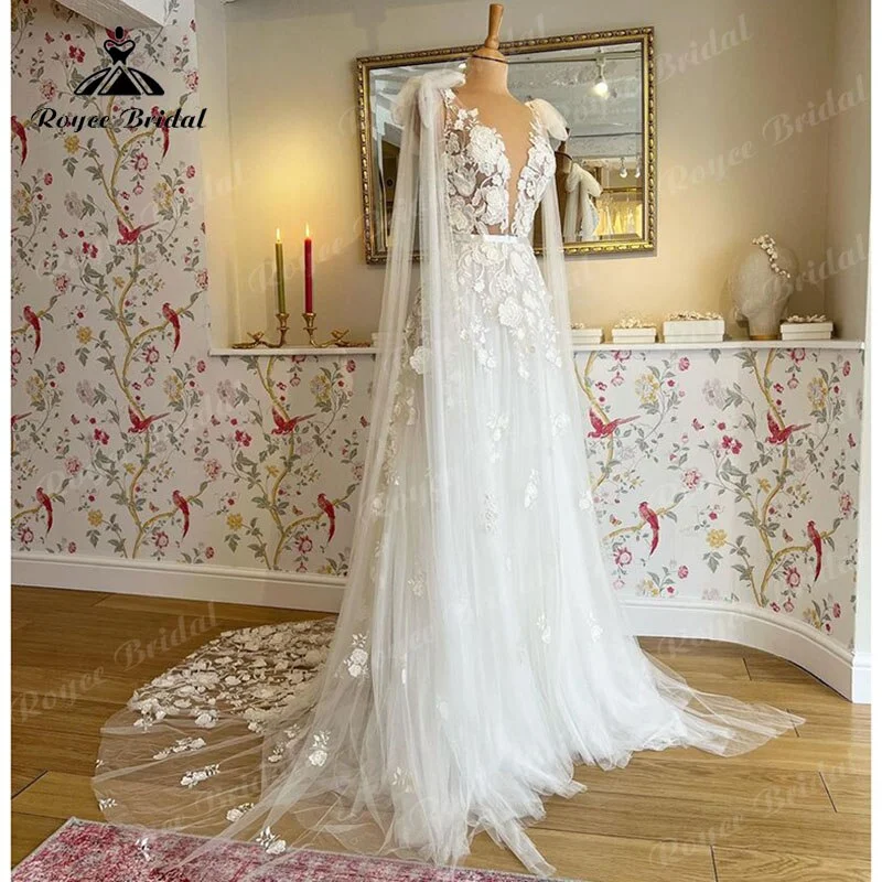 Bow-Tie DressWedding Dress with Cape Deep V Neck Lace Appliques Floral Sweep 2025 Birdal Civil Beach Wedidng Gowns vestidos de novia Elegant Bow-Tie DressWedding Dress with Cape Deep V Neck Lace Appliques Floral Sweep 2025 Birdal Civil Beach Wedidng Gowns vestidos de novia Elegant