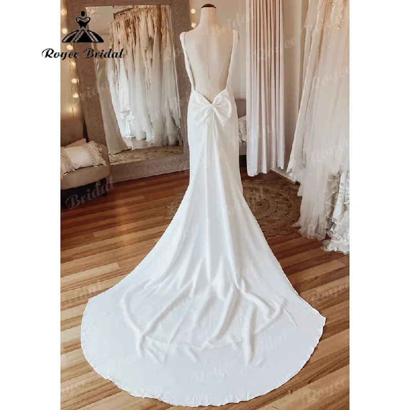 women's high-end dressesSimple Scoop Neckline Soft Satin Mermaid Open Back Wedding Dress with Bow Bridal Gowns Sleeveless sukienka na wesele Roycebridal women's high-end dressesSimple Scoop Neckline Soft Satin Mermaid Open Back Wedding Dress with Bow Bridal Gowns Sleeveless sukienka na wesele Roycebridal