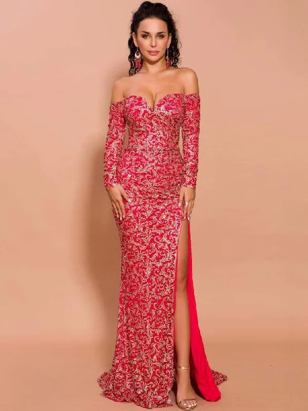 women's hourglass figure dressesOff Shoulder Evening Gown Maxi Dress