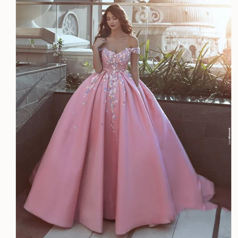 Skater DressWD0211 Pink off the shoulder flower Ball Gown Prom Dress Appliques Lace Satin Wedding Dress Reception Gown Skater DressWD0211 Pink off the shoulder flower Ball Gown Prom Dress Appliques Lace Satin Wedding Dress Reception Gown