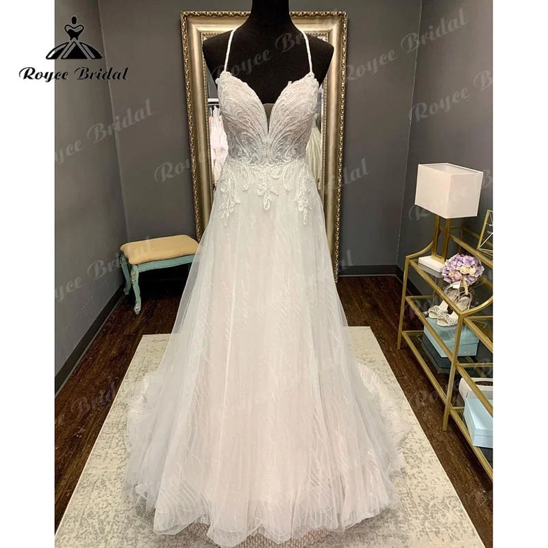 women's custom dressesRoycebridal Vintage Beach Spaghetti Straps V Neck A Line Shiny Glitter Wedding Dress Open Back Sweep Train Lace Appliques vestidos de novia women's custom dressesRoycebridal Vintage Beach Spaghetti Straps V Neck A Line Shiny Glitter Wedding Dress Open Back Sweep Train Lace Appliques vestidos de novia