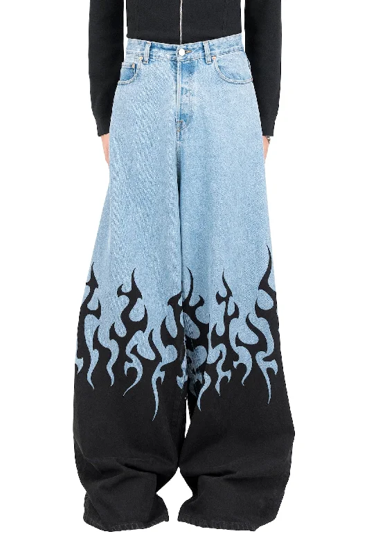 Latest Designer Men's JeansVetements Flame Print Baggy Jeans in Light Blue