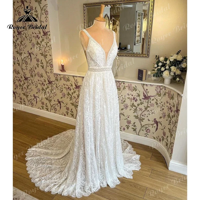 Neon DressHochzeitskleid Flowy Boho Spaghetti Straps Wedding Dress with Buttons Lace V Neck Mariage Bridal Gown robe de soirée de mariage Neon DressHochzeitskleid Flowy Boho Spaghetti Straps Wedding Dress with Buttons Lace V Neck Mariage Bridal Gown robe de soirée de mariage