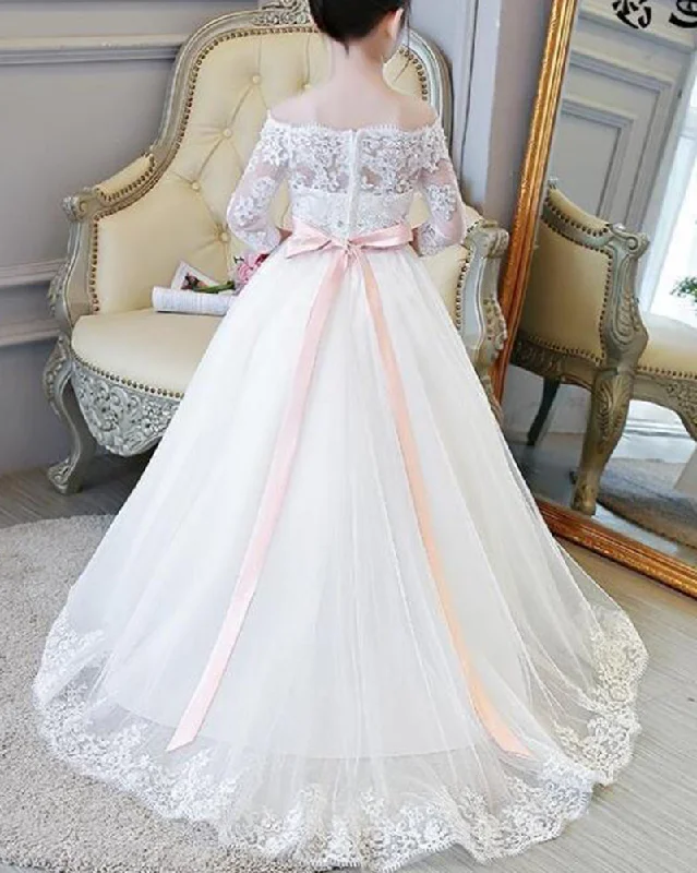 Halter DressLP2695 Off the Shoulder Lace Flower Girl Dress Long Sleeves Little Girl Wedding Gown first communion dress Halter DressLP2695 Off the Shoulder Lace Flower Girl Dress Long Sleeves Little Girl Wedding Gown first communion dress