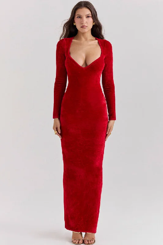 Skater DressSexy Sweetheart Neck Long Sleeve Velvet Bodycon Maxi Evening Dress - Red Skater DressSexy Sweetheart Neck Long Sleeve Velvet Bodycon Maxi Evening Dress - Red