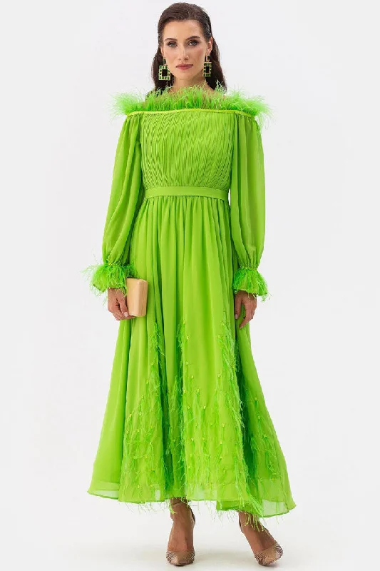 women's sheath dressesFairytale Feather Trim Off Shoulder Pleated Chiffon Evening Maxi Dress - Green women's sheath dressesFairytale Feather Trim Off Shoulder Pleated Chiffon Evening Maxi Dress - Green