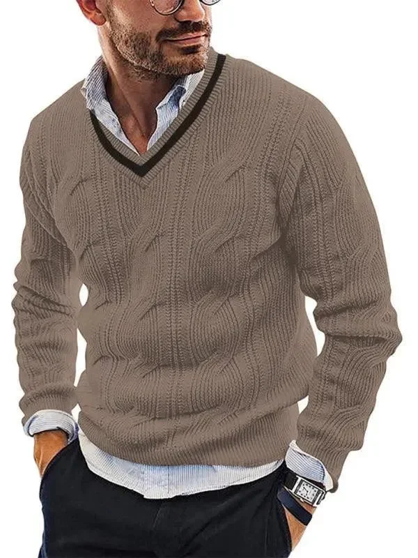 Men's Sweaters with Patchwork DesignsV-Neck Slim Fit Men Pullover Sweater